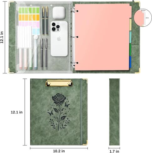 Ovesmusl 1 Inch 3 Ring Binder with Clipboard Leather Round Ring Binder with 5 Dividers, Plastic Folder, 400 Divider Stikers, Fits 175 Sheets 8.5"x11" Letter Size Paper in Kuwait
