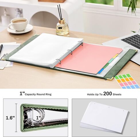 Ovesmusl 1 Inch 3 Ring Binder with Clipboard Leather Round Ring Binder with 5 Dividers, Plastic Folder, 400 Divider Stikers, Fits 175 Sheets 8.5"x11" Letter Size Paper in Kuwait