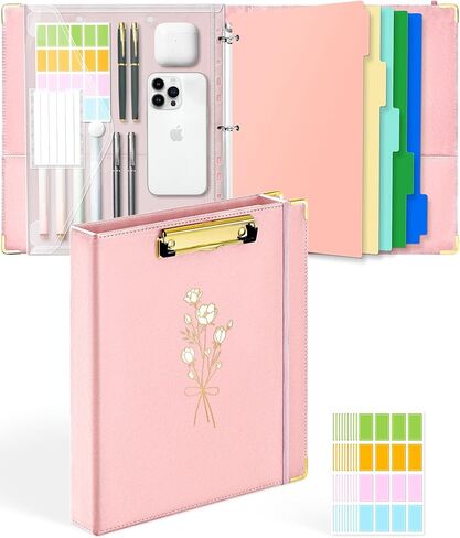 Ovesmusl 1 Inch 3 Ring Binder with Clipboard Leather Round Ring Binder with 5 Dividers, Plastic Folder, 400 Divider Stikers, Fits 175 Sheets 8.5"x11" Letter Size Paper in Kuwait