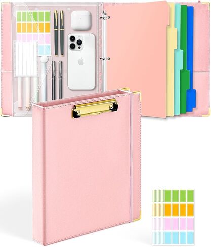 Ovesmusl 1 Inch 3 Ring Binder with Clipboard Leather Round Ring Binder with 5 Dividers, Plastic Folder, 400 Divider Stikers, Fits 175 Sheets 8.5"x11" Letter Size Paper in Kuwait