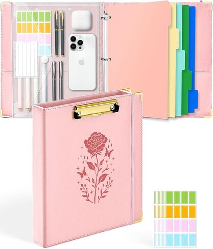 Ovesmusl 1 Inch 3 Ring Binder with Clipboard Leather Round Ring Binder with 5 Dividers, Plastic Folder, 400 Divider Stikers, Fits 175 Sheets 8.5"x11" Letter Size Paper in Kuwait