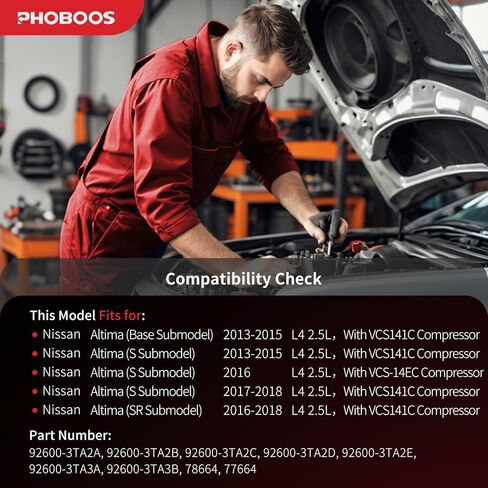 PHOBOOS A/C compressor with Clutch Compatible with Nissan Altima 2013-2018 L4 2.5L (Base/S/SR Models ONLY)【Note: with One Plug,VCS14IC Type】Ref. 78664, 77664 in Kuwait