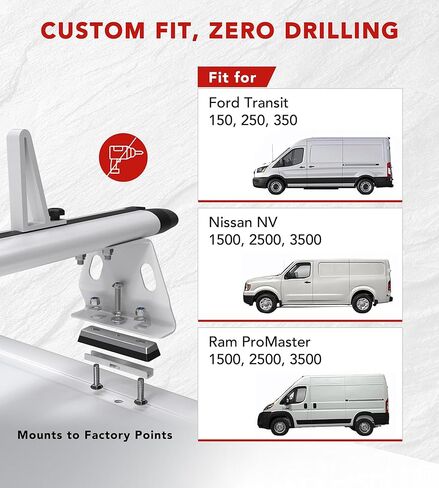 حامل سلم سقف من الألومنيوم مقاس 63 بوصة لسيارة Ford Transit وRam ProMaster وNissan NV، أبيض، 3 أشرطة متقاطعة in Kuwait