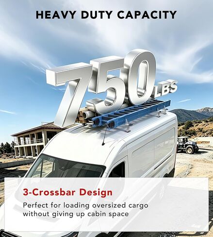 حامل سلم سقف من الألومنيوم مقاس 63 بوصة لسيارة Ford Transit وRam ProMaster وNissan NV، أبيض، 3 أشرطة متقاطعة in Kuwait