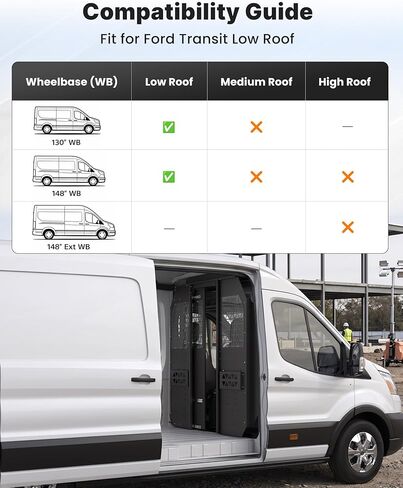 MELIPRON Sliding Van Partition Fit for Ford Transit 150 250 350 (2014-2026) Medium Roof, Heavy-Duty Steel Bulkhead with Locking Door, Space-Saving Cargo Divider for Work Van in Kuwait