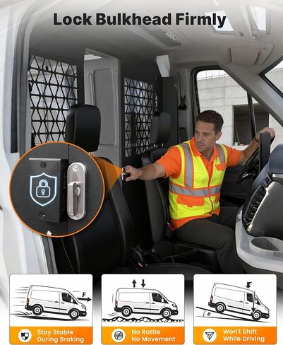 MELIPRON Sliding Van Partition Fit for Ford Transit 150 250 350 (2014-2026) Medium Roof, Heavy-Duty Steel Bulkhead with Locking Door, Space-Saving Cargo Divider for Work Van in Kuwait