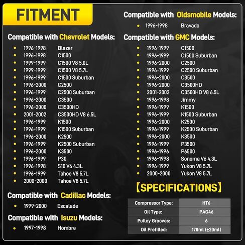ضاغط مكيف الهواء مع قابض متوافق مع 1996-1999 جي إم سي يوكون C1500 C2500 K1500 K2500، شيفروليه تاهو بليزر، كاديلاك إسكاليد، إيسوزو هومبر، أولدزموبيل برافادا، استبدال #CO-20151C in Kuwait