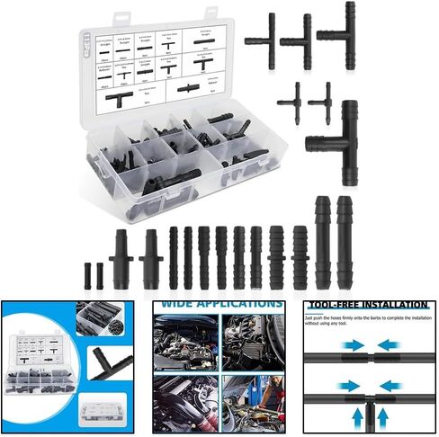 113 Pcs Car Vacuum Hose Connector Assortment, 12 Sizes 3-Way T-Shaped Fitting Kit, Black Plastic Tee Adapters for Auto Engine Line Repair, Compatibility with Various Vehicle Models in Saudi Arabia