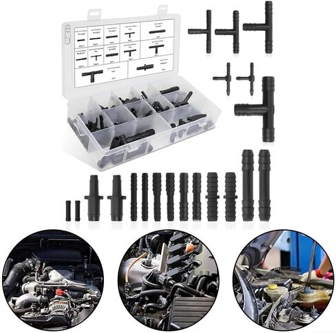 113 Pcs Car Vacuum Hose Connector Assortment, 12 Sizes 3-Way T-Shaped Fitting Kit, Black Plastic Tee Adapters for Auto Engine Line Repair, Compatibility with Various Vehicle Models in Saudi Arabia