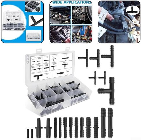 113 Pcs Car Vacuum Hose Connector Assortment, 12 Sizes 3-Way T-Shaped Fitting Kit, Black Plastic Tee Adapters for Auto Engine Line Repair, Compatibility with Various Vehicle Models in Saudi Arabia