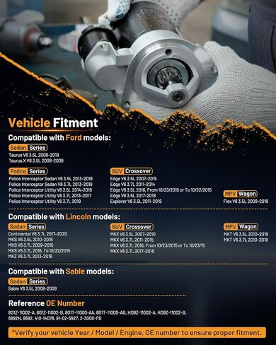 محرك Starter 6692N مناسب لـ Ford Explorer 11-19، Edge 07-18، Flex 09-19، Taurus، لـ Lincoln MKZ MKX MKS MKT، لـ Mercury Sable 3.5L 3.7L مشغلات محرك بديلة للسيارات 8G1Z-11002-A in Kuwait