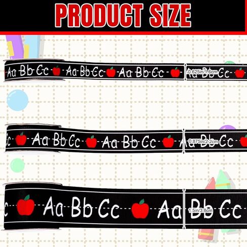 JarThenaAMCS 3 لفات العودة إلى المدرسة Grosgrain Ribbons ABC Apples Teacher Ribbon أسود أبيض نسيج حرفة الشريط لإكليل القوس هدية التفاف ديكور الحفلات، 5/8 "7/8" 1.5"، 15 ياردة in Kuwait