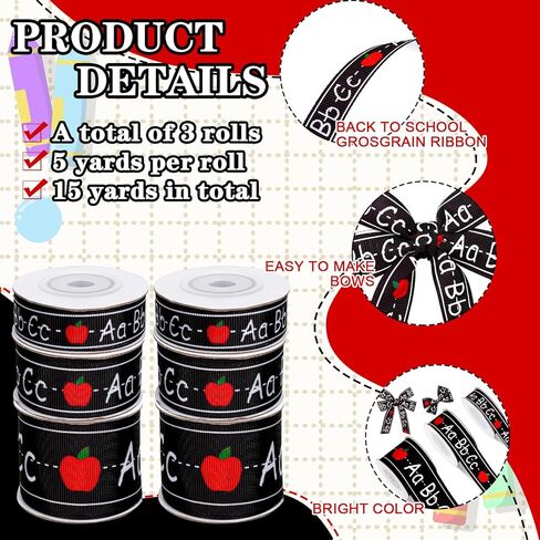 JarThenaAMCS 3 لفات العودة إلى المدرسة Grosgrain Ribbons ABC Apples Teacher Ribbon أسود أبيض نسيج حرفة الشريط لإكليل القوس هدية التفاف ديكور الحفلات، 5/8 "7/8" 1.5"، 15 ياردة in Kuwait