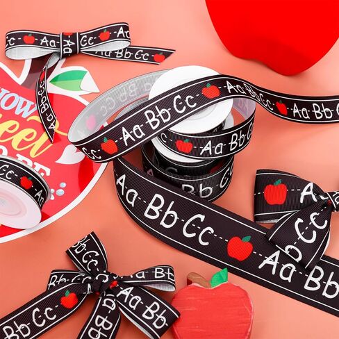 JarThenaAMCS 3 لفات العودة إلى المدرسة Grosgrain Ribbons ABC Apples Teacher Ribbon أسود أبيض نسيج حرفة الشريط لإكليل القوس هدية التفاف ديكور الحفلات، 5/8 "7/8" 1.5"، 15 ياردة in Kuwait