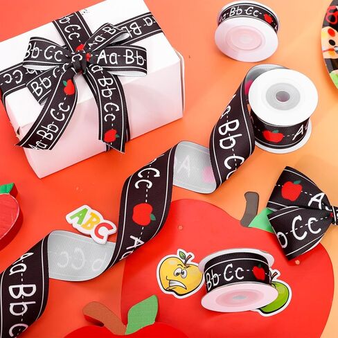 JarThenaAMCS 3 لفات العودة إلى المدرسة Grosgrain Ribbons ABC Apples Teacher Ribbon أسود أبيض نسيج حرفة الشريط لإكليل القوس هدية التفاف ديكور الحفلات، 5/8 "7/8" 1.5"، 15 ياردة in Kuwait