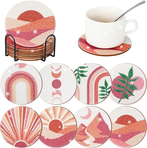 Vesici 8 Pcs Bohemian Diamond Painting Coasters with Holder Abstract Plants 5d Diamond Art Painting Coasters Kit DIY Crafts Kits for Adults Beginner Gift Supplies in Kuwait