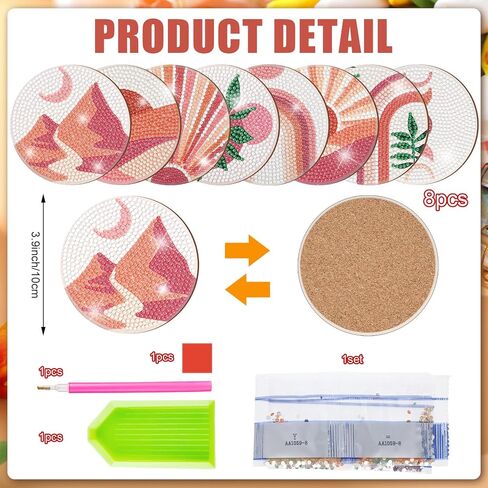 Vesici 8 Pcs Bohemian Diamond Painting Coasters with Holder Abstract Plants 5d Diamond Art Painting Coasters Kit DIY Crafts Kits for Adults Beginner Gift Supplies in Kuwait