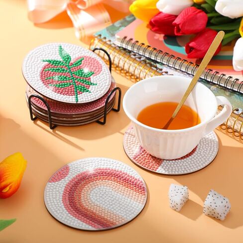 Vesici 8 Pcs Bohemian Diamond Painting Coasters with Holder Abstract Plants 5d Diamond Art Painting Coasters Kit DIY Crafts Kits for Adults Beginner Gift Supplies in Kuwait
