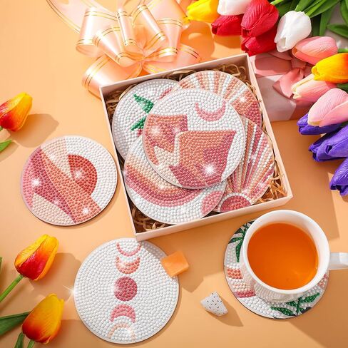 Vesici 8 Pcs Bohemian Diamond Painting Coasters with Holder Abstract Plants 5d Diamond Art Painting Coasters Kit DIY Crafts Kits for Adults Beginner Gift Supplies in Kuwait