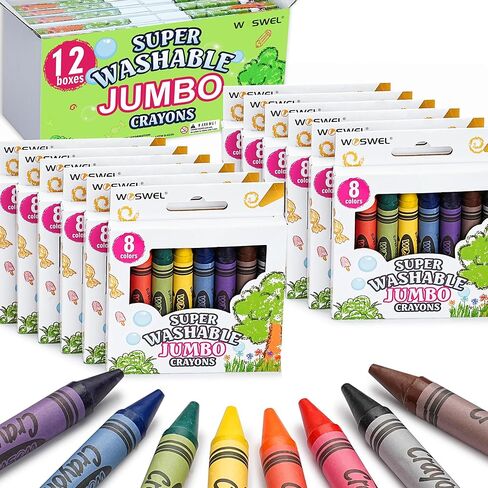 WOSWEL Super Washable Jumbo Crayons Bulk - 12 Packs With 8 Bright Colors, Non-Toxic Easy-Grip Fat Crayons for Toddlers Ages 1-3 2-4, Classroom Party Favor School Supplies in Kuwait