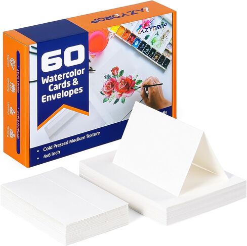 Lazydrop Watercolor Cards with Envelopes 60 Pack - 300gsm 100% Cotton Cold Pressed, 4x6 Inch Foldable Blank Watercolor Paper in Saudi Arabia
