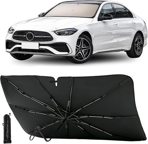Foldable Car Windshield Sun Shade Umbrella, Reflective Titanium Silver Coating, Rearview Mirror Cutout, for Hatchback, Truck, SUV in Saudi Arabia