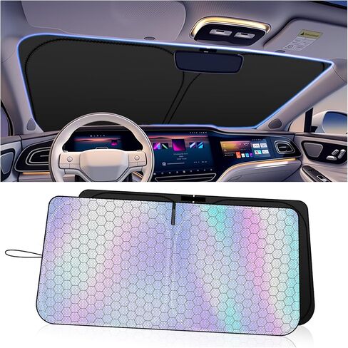 2026 New Upgrade Radium Reflective Car Windshield Sun Shade,57.48"x32.68" Sunshade for Car Windshield for Lowering Interior Temperature,Foldable Windshields Cover Sun Shade with Storage Pouch in Kuwait