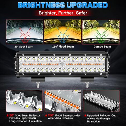 12In LED Light Bar Kit Amber White 6Mode Strobe Spot Flood Combo Triple Row Dual Color OffRoad LED Driving Work Fog Flashing Lights Bar with Memory Reset Function for ATV UTV SUV Trucks Pickup in Saudi Arabia