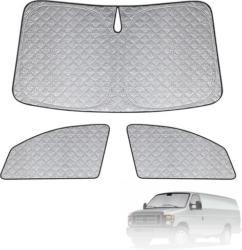 مظلة شمسية للنافذة الأمامية مخصصة لسيارة Ford Econoline/E-Series E-150 E-250 E-350 E450 1992-2025، قطعتان من واقي الشمس للنافذة القابلة للطي للنوافذ الجانبية تعكس حماية الخصوصية من الأشعة فوق البنفسجية in Kuwait
