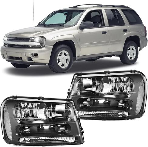 PENSUN Headlights Assembly Fit for 2002-2009 Chevy Trailblazer, Pair of Headlamps Replacement (Black Housing with Clear Reflectors) in Kuwait