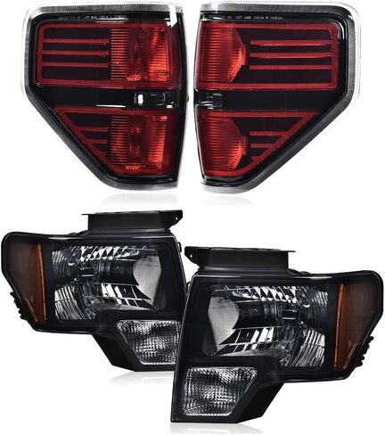 PIT66 Left & Right Headlight Headlamp Assembly + Tail Lights Compatible With Ford F150 2009 2010 2011 2012 2013 2014 Halogen Smoky & Red Lens FO2503289, FO2502289, FO2818148 in Kuwait