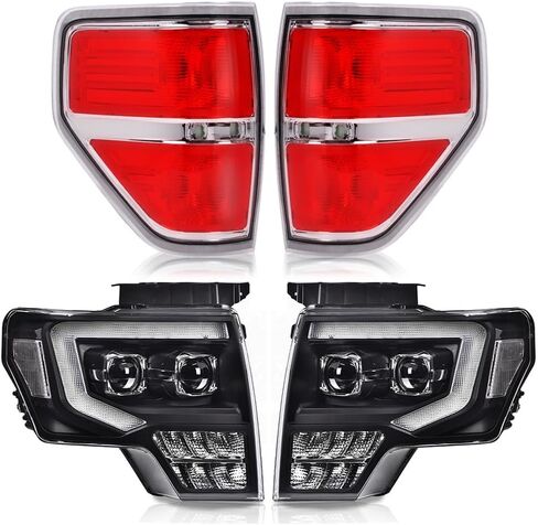 PIT66 Left & Right Headlight Headlamp Assembly + Tail Lights Compatible With Ford F150 2009 2010 2011 2012 2013 2014 Halogen Smoky & Red Lens FO2503289, FO2502289, FO2818148 in Kuwait