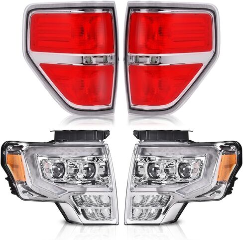 PIT66 Left & Right Headlight Headlamp Assembly + Tail Lights Compatible With Ford F150 2009 2010 2011 2012 2013 2014 Halogen Smoky & Red Lens FO2503289, FO2502289, FO2818148 in Kuwait