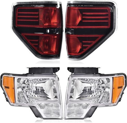 PIT66 Left & Right Headlight Headlamp Assembly + Tail Lights Compatible With Ford F150 2009 2010 2011 2012 2013 2014 Halogen Smoky & Red Lens FO2503289, FO2502289, FO2818148 in Kuwait