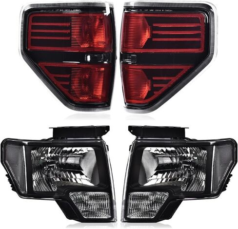 PIT66 Left & Right Headlight Headlamp Assembly + Tail Lights Compatible With Ford F150 2009 2010 2011 2012 2013 2014 Halogen Smoky & Red Lens FO2503289, FO2502289, FO2818148 in Kuwait
