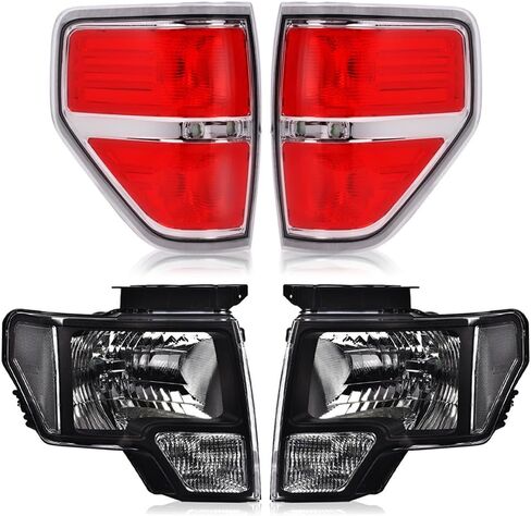 PIT66 Left & Right Headlight Headlamp Assembly + Tail Lights Compatible With Ford F150 2009 2010 2011 2012 2013 2014 Halogen Smoky & Red Lens FO2503289, FO2502289, FO2818148 in Kuwait