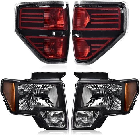 PIT66 Left & Right Headlight Headlamp Assembly + Tail Lights Compatible With Ford F150 2009 2010 2011 2012 2013 2014 Halogen Smoky & Red Lens FO2503289, FO2502289, FO2818148 in Kuwait