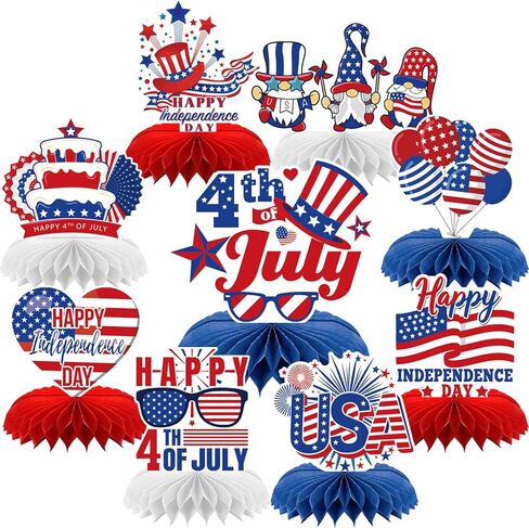 Independence Day Honeycomb Centerpieces, 9PCS Patriotic American 250th Party Decorations for Office Home Table, Red White and Blue Memorial Day 4th of July Decor in Kuwait