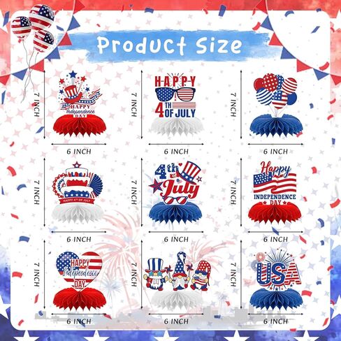 Independence Day Honeycomb Centerpieces, 9PCS Patriotic American 250th Party Decorations for Office Home Table, Red White and Blue Memorial Day 4th of July Decor in Kuwait