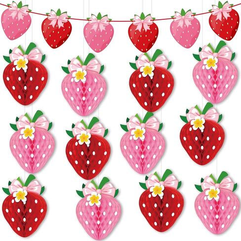 13PCS Strawberry Party Decorations Honeycomb Balls Banner Berry First Birthday Hanging Decor Table Centerpieces (Bow Strawberry) in Kuwait