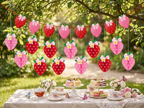 13PCS Strawberry Party Decorations Honeycomb Balls Banner Berry First Birthday Hanging Decor Table Centerpieces (Bow Strawberry) in Kuwait