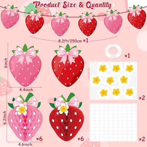13PCS Strawberry Party Decorations Honeycomb Balls Banner Berry First Birthday Hanging Decor Table Centerpieces (Bow Strawberry) in Kuwait