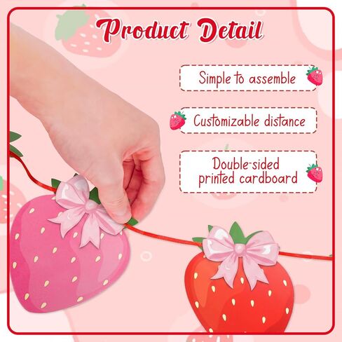 13PCS Strawberry Party Decorations Honeycomb Balls Banner Berry First Birthday Hanging Decor Table Centerpieces (Bow Strawberry) in Kuwait