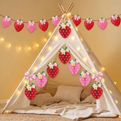 13PCS Strawberry Party Decorations Honeycomb Balls Banner Berry First Birthday Hanging Decor Table Centerpieces (Bow Strawberry) in Kuwait