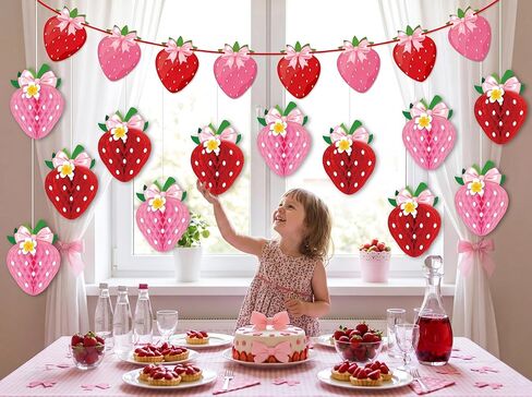 13PCS Strawberry Party Decorations Honeycomb Balls Banner Berry First Birthday Hanging Decor Table Centerpieces (Bow Strawberry) in Kuwait