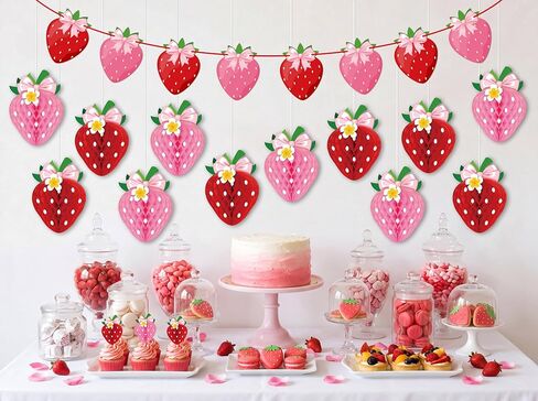 13PCS Strawberry Party Decorations Honeycomb Balls Banner Berry First Birthday Hanging Decor Table Centerpieces (Bow Strawberry) in Kuwait