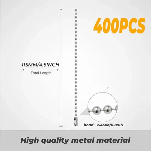 400PCS 4.5 inch Ball Beads Chain Bulk, Silver Keychain Rings, Dog Tag Metal Small Chain with Connectors for Hanging Decoration in Saudi Arabia