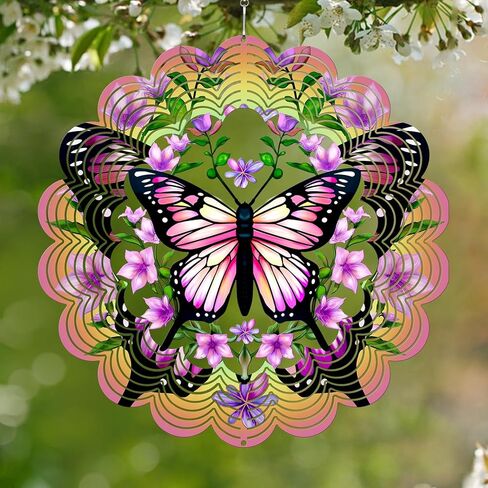 12 inch 3D Butterfly Garden Wind Spinners Unique Birthday Gifts for Women Hanging Wind Metal Sculptures Butterfly Garden Decoration Wind Sculptures for Lawn Yard Outdoor (Pink) in Kuwait