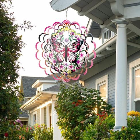 12 inch 3D Butterfly Garden Wind Spinners Unique Birthday Gifts for Women Hanging Wind Metal Sculptures Butterfly Garden Decoration Wind Sculptures for Lawn Yard Outdoor (Pink) in Kuwait