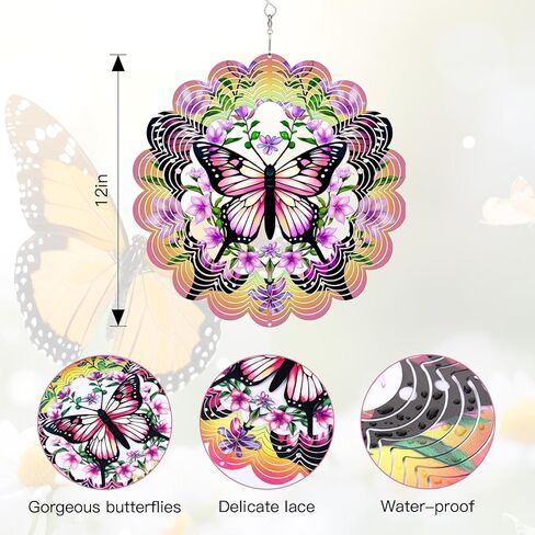 12 inch 3D Butterfly Garden Wind Spinners Unique Birthday Gifts for Women Hanging Wind Metal Sculptures Butterfly Garden Decoration Wind Sculptures for Lawn Yard Outdoor (Pink) in Kuwait